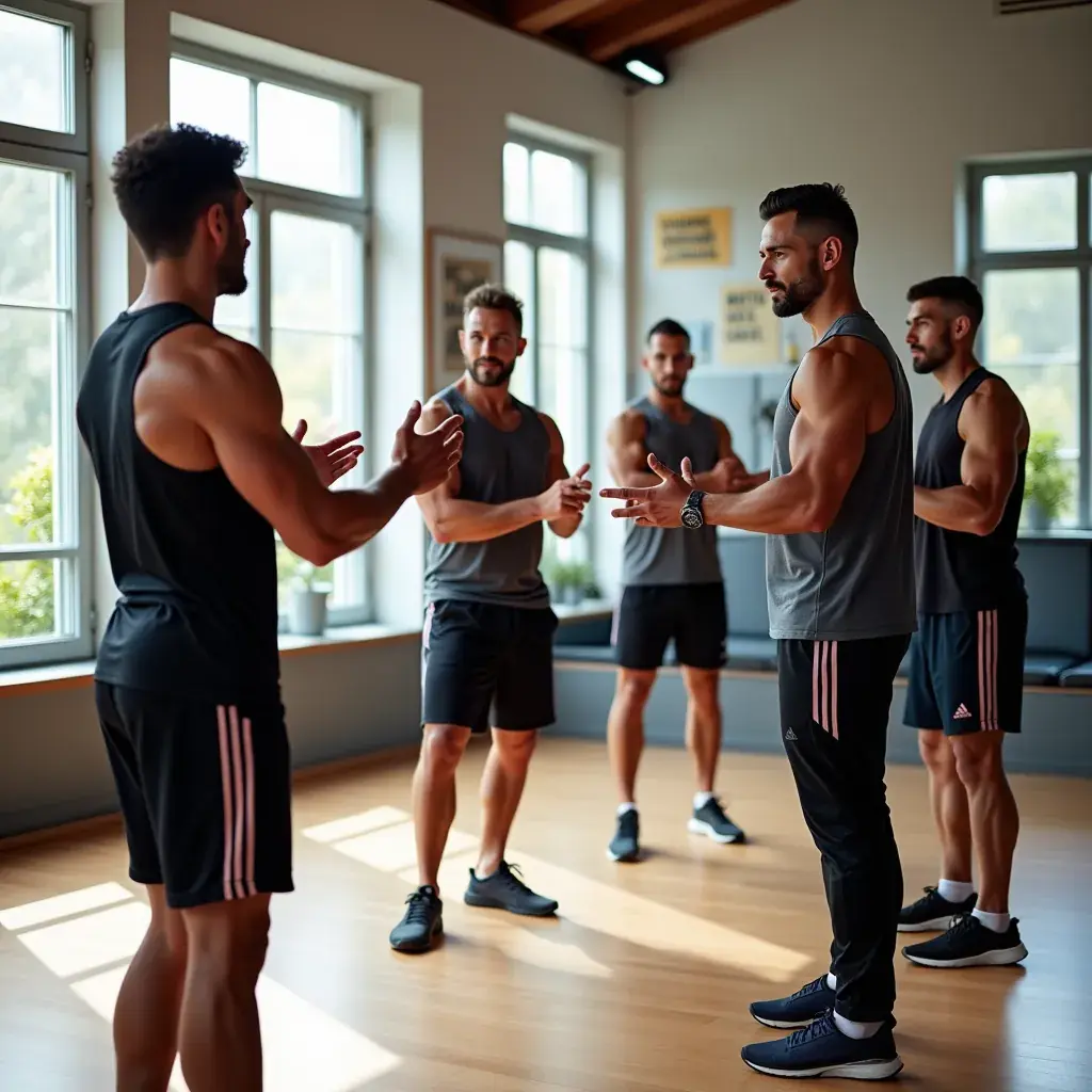Entrenador guiando a un hombre en una rutina de ejercicios optimizados.